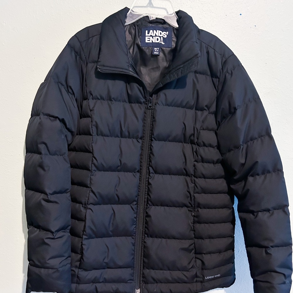 Lands’ End Black Puffer Down Coat M Tall
